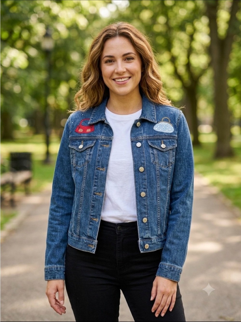 Lands' End Dark Blue Denim Jacket with Red and Light Blue Purse Patches